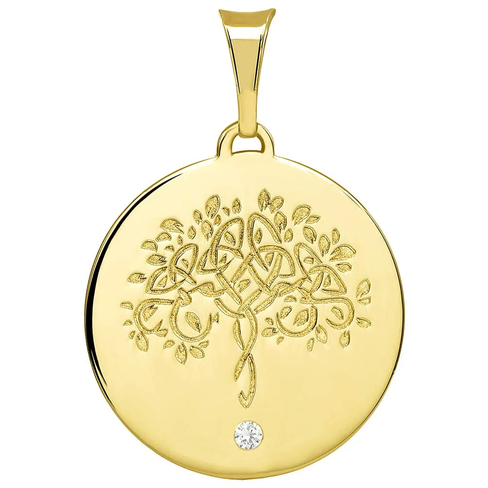 14k Solid Gold Hand Engraved Tree of Life CZ Round Medallion Pendant with Cuban Chain Necklace - Yellow Gold