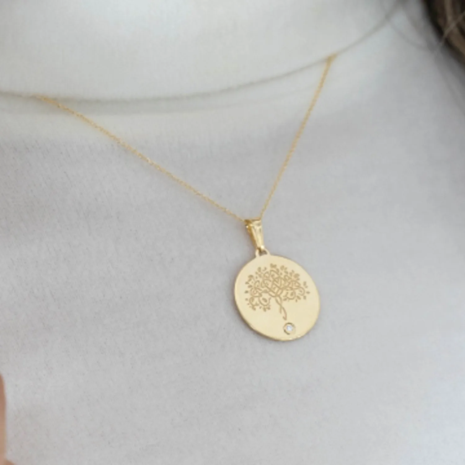 14k Solid Gold Hand Engraved Tree of Life CZ Round Medallion Pendant with Cuban Chain Necklace - Yellow Gold