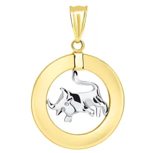 14k Two Tone Gold Open Circle Taurus Zodiac Sign Pendant