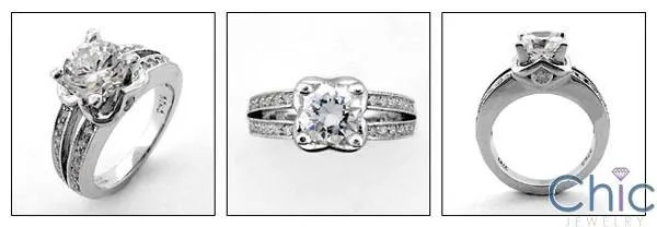 1.5 Round Center Split Pave Cubic Zirconia Engagement Ring 14K White Gold