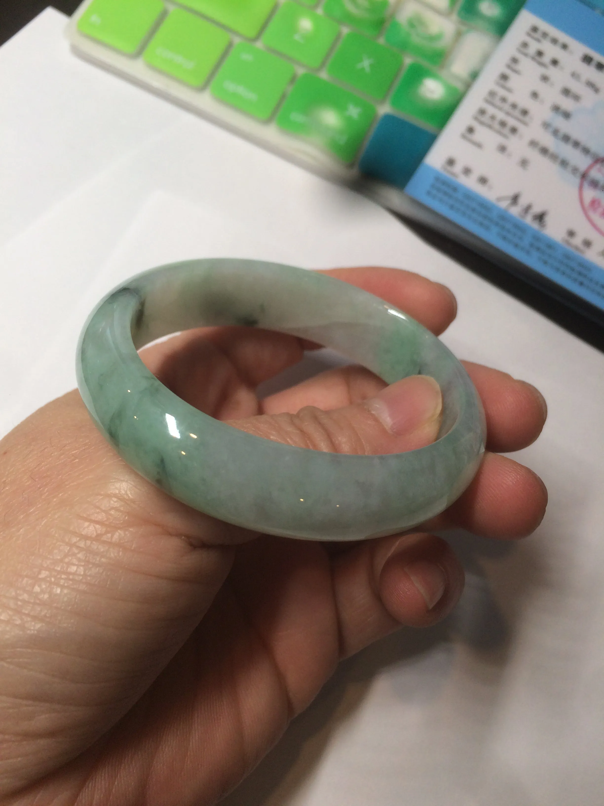 48.5mm Certified Type A 100% Natural icy light green/white oval Jadeite Jade bangle K101-1696