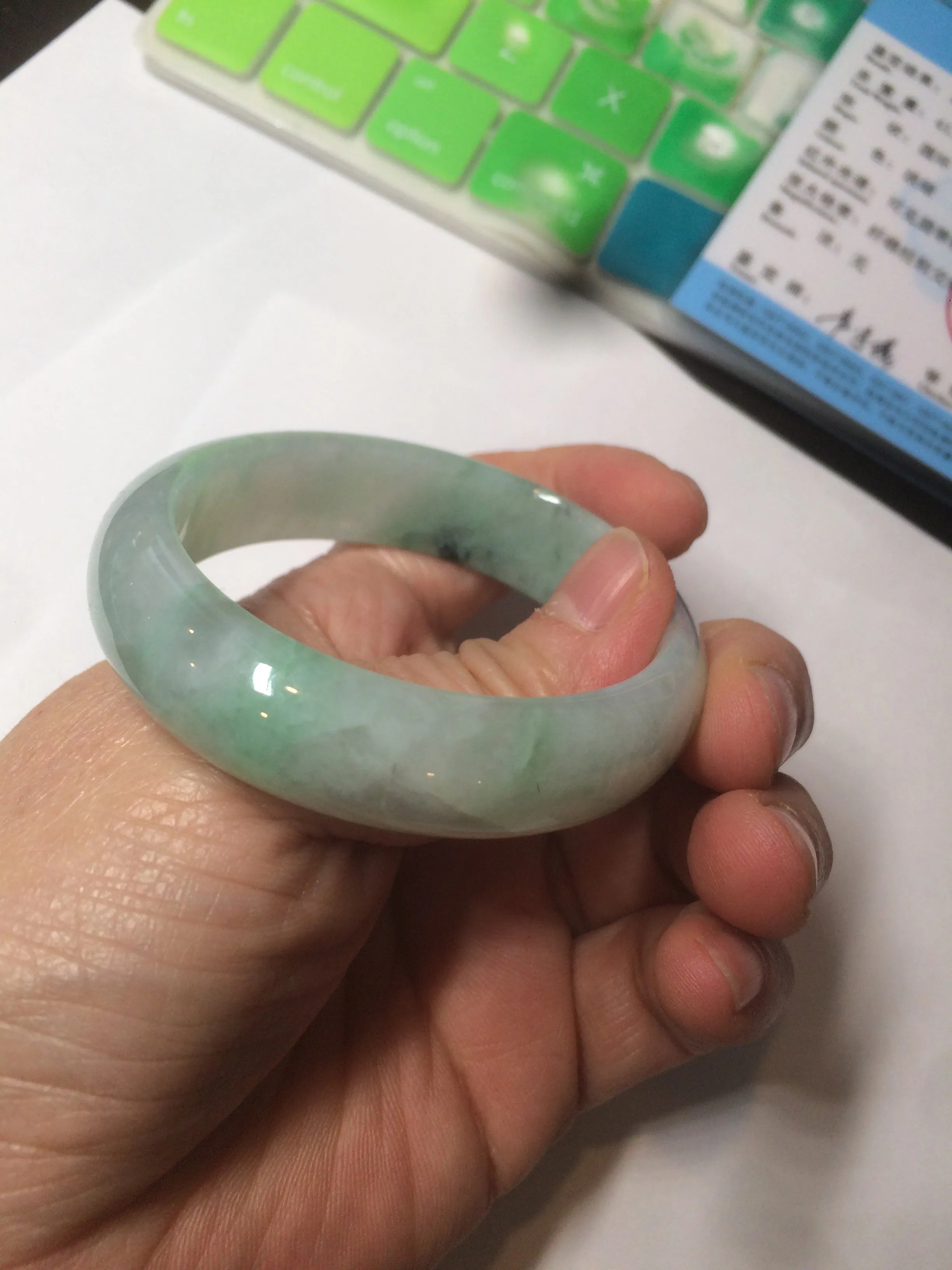 48.5mm Certified Type A 100% Natural icy light green/white oval Jadeite Jade bangle K101-1696