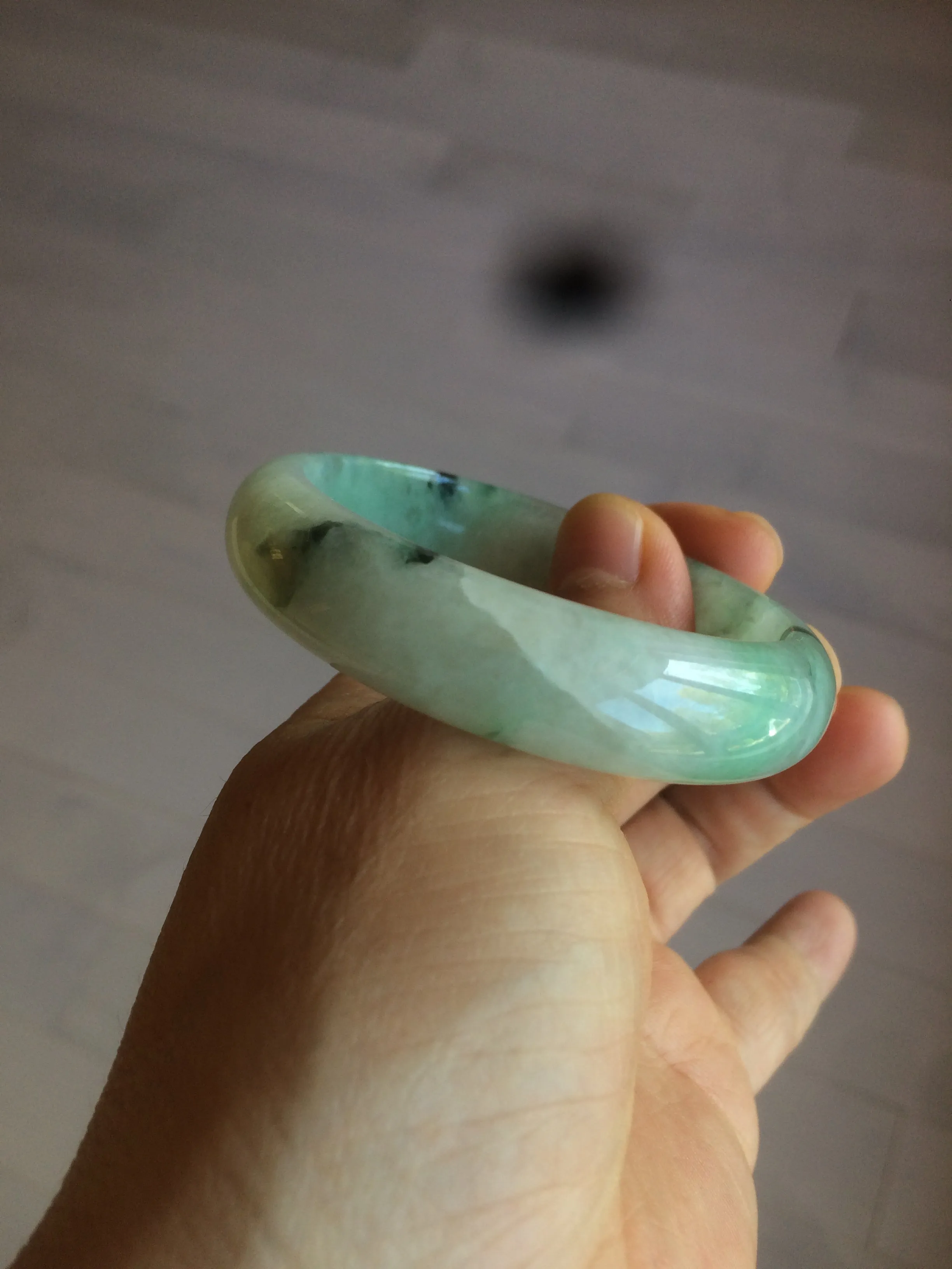 48.5mm Certified Type A 100% Natural icy light green/white oval Jadeite Jade bangle K101-1696