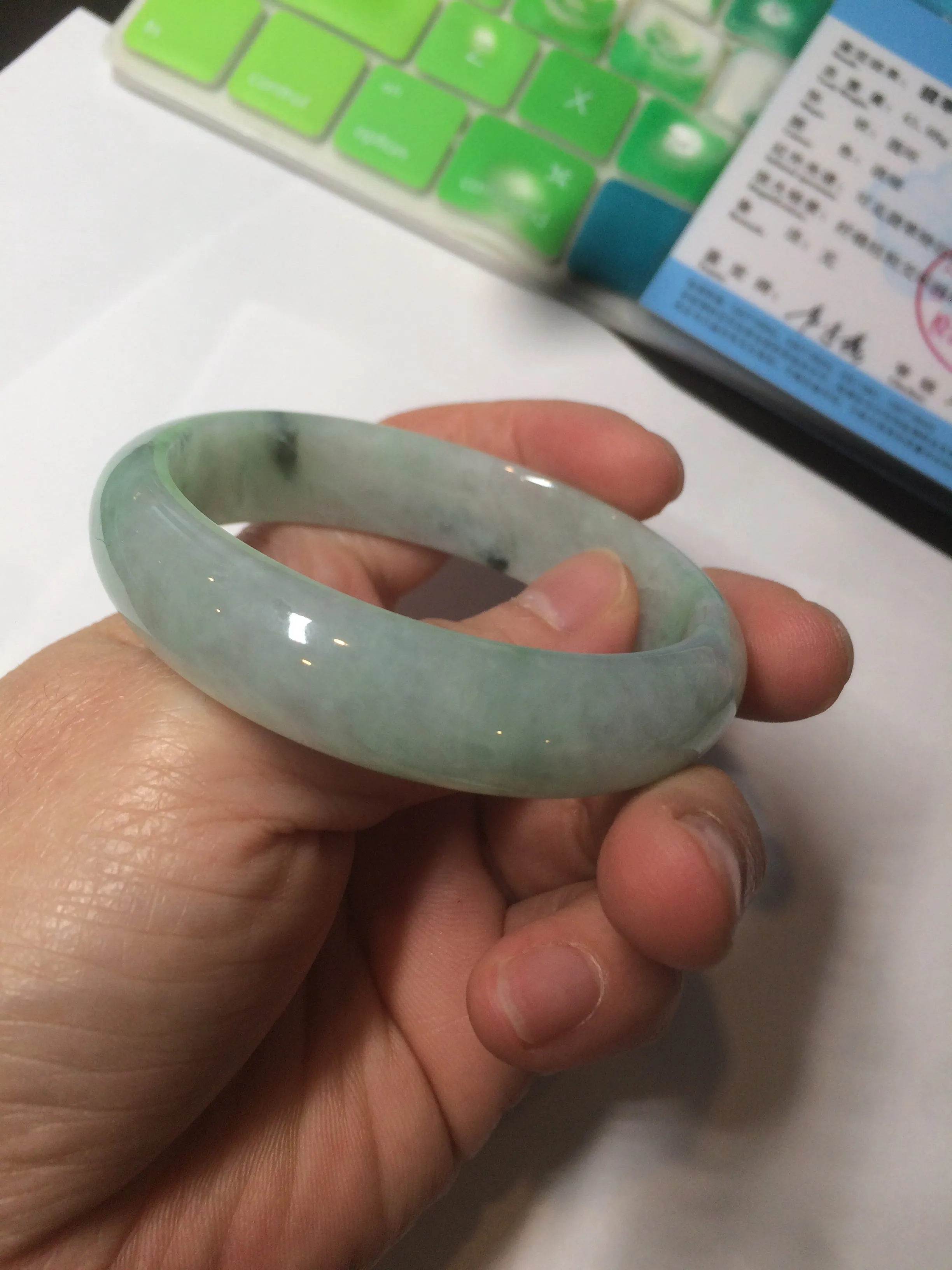48.5mm Certified Type A 100% Natural icy light green/white oval Jadeite Jade bangle K101-1696