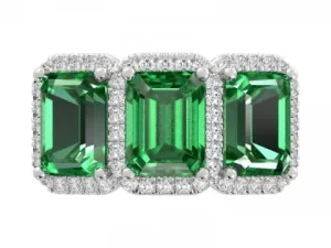 8.5ct Emerald Cut Green Emerald Three Stone Ring