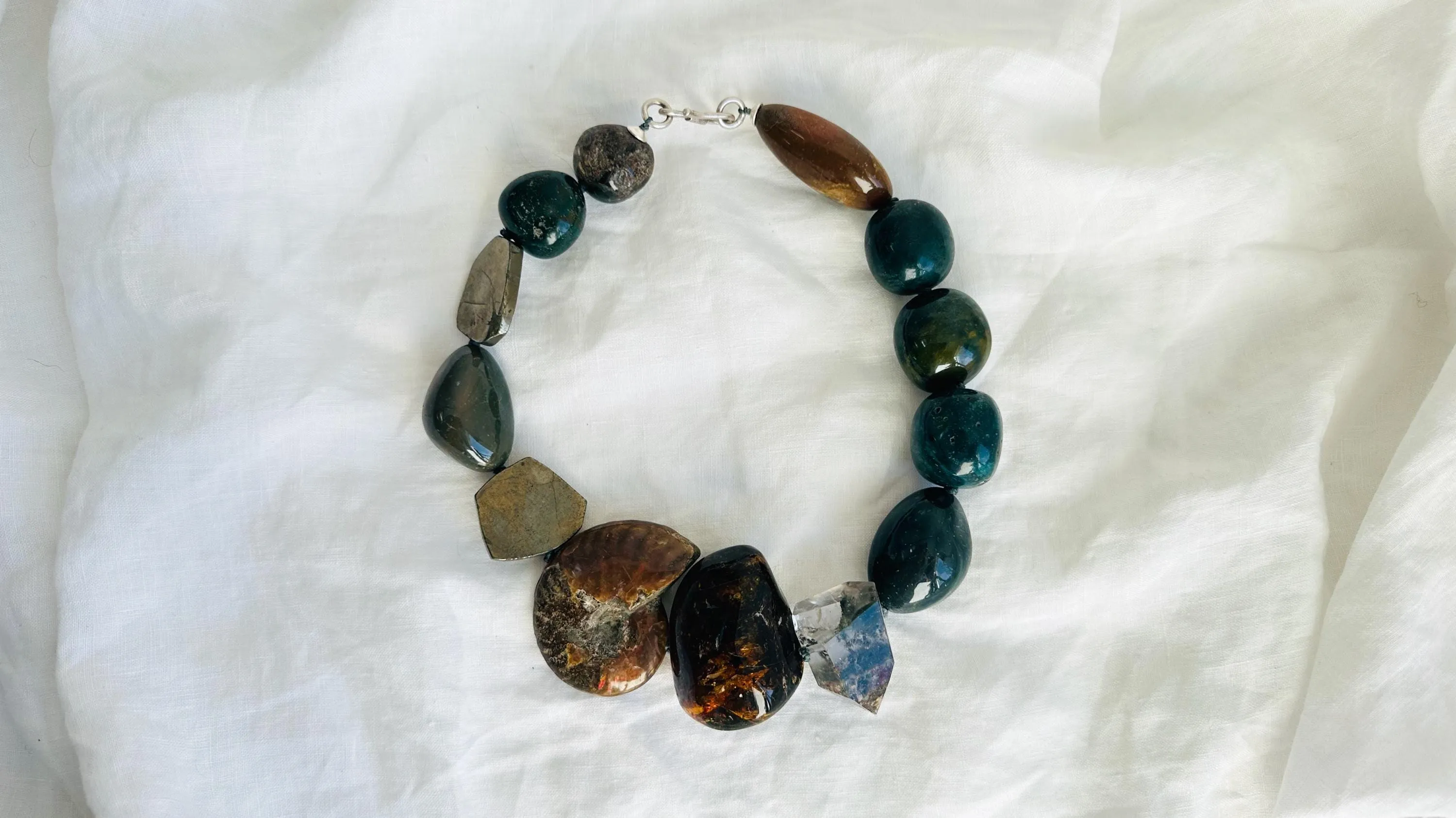 Green Jasper, Ammonite and Pyrite Necklace. Designer Stone Choker. 4069
