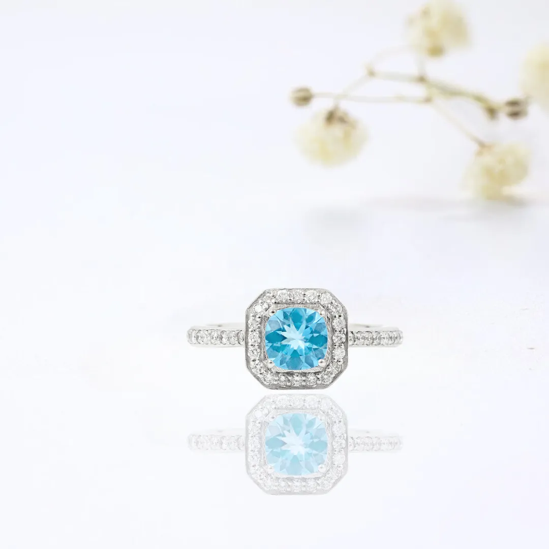 Natural Blue Paraiba Apatite Cushion Halo Ring