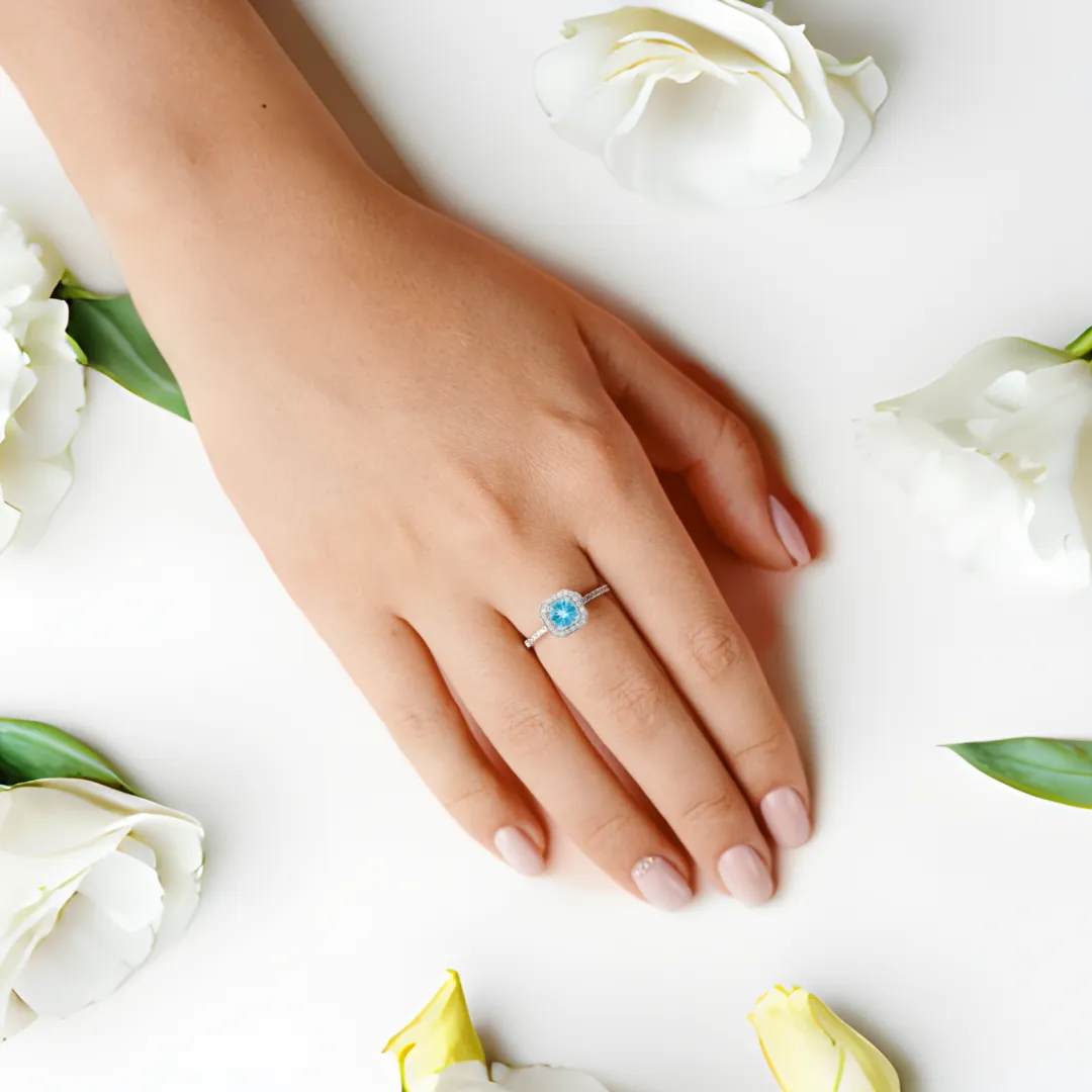 Natural Blue Paraiba Apatite Cushion Halo Ring