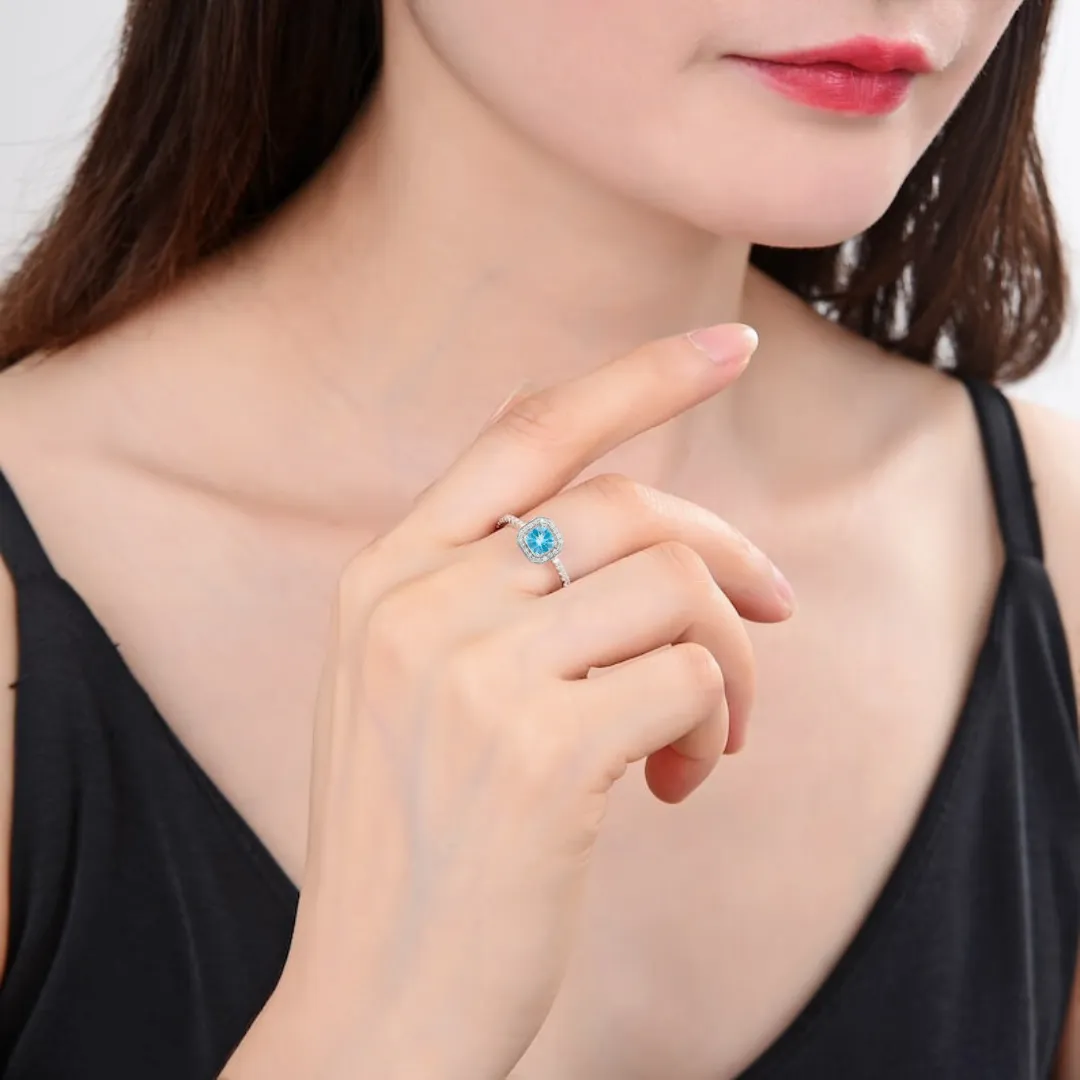 Natural Blue Paraiba Apatite Cushion Halo Ring