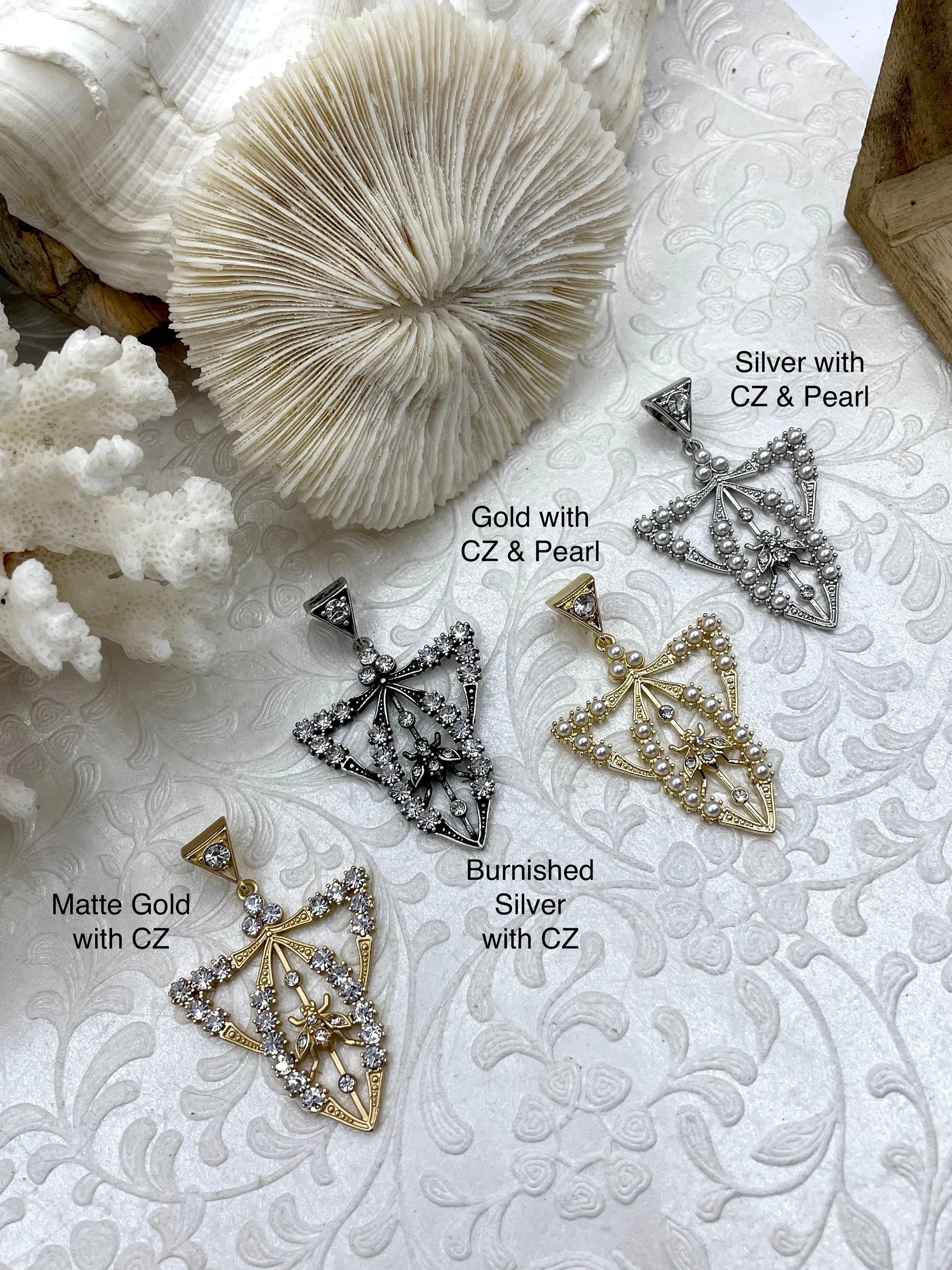 Reproduction Edwardian Paste Fly Pendant, Pearl and CZ Accents, 4 styles, 42mm x 34mm x 3mm, Fast Shipping