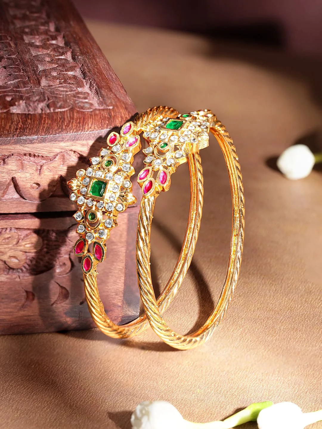 Rubans 22 KT Gold Plated Emerald Studded Zirconia Embellished Set of 2 Bangle