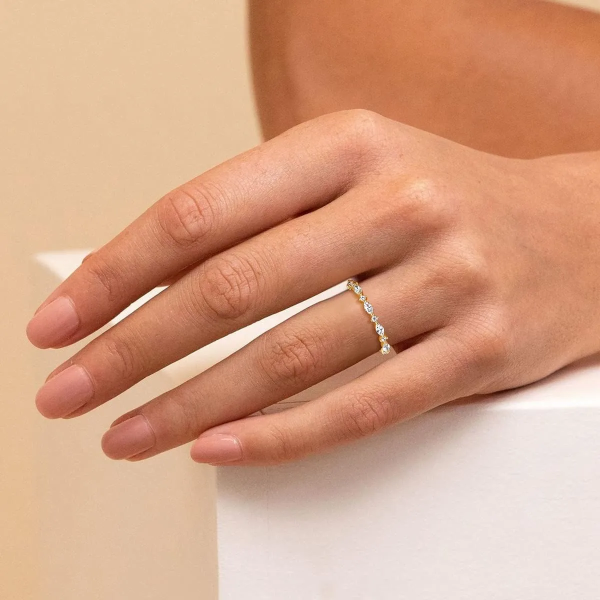 SHINYSO 14K Gold Plated Wedding Band for Women Thin Stacking Ring Half Cubic Zirconia Eternity Engagement Ring Size 4-10