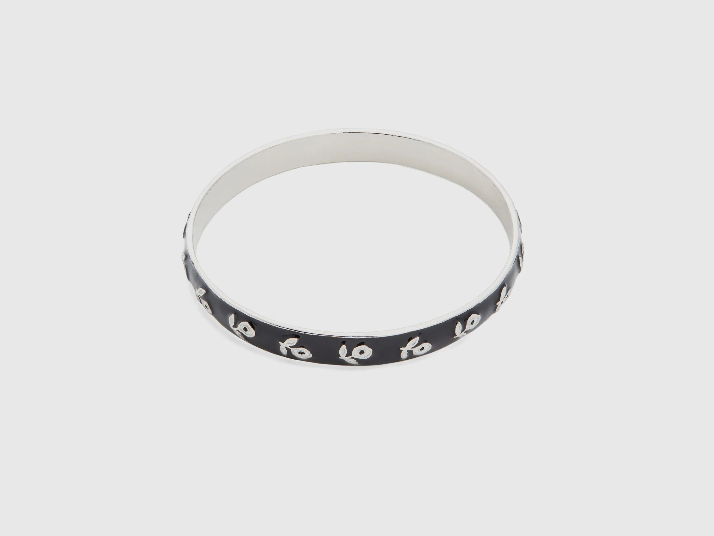 Silver Finish Black Bangle with White Flower Motif and Secure Clasp