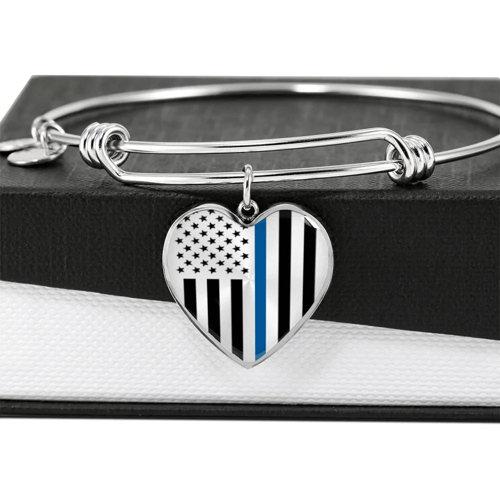 Thin Blue Line Engravable Heart Bangle - Silver or Gold