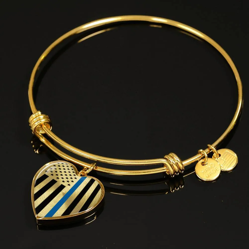 Thin Blue Line Engravable Heart Bangle - Silver or Gold