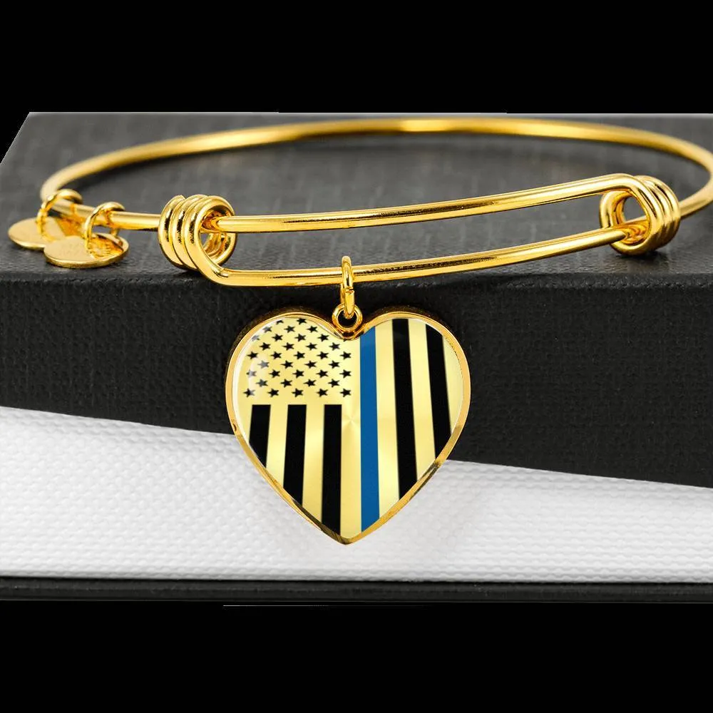 Thin Blue Line Engravable Heart Bangle - Silver or Gold