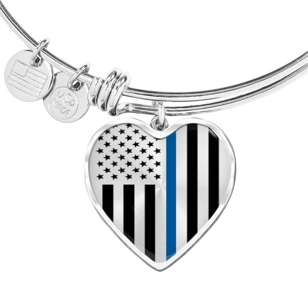 Thin Blue Line Engravable Heart Bangle - Silver or Gold