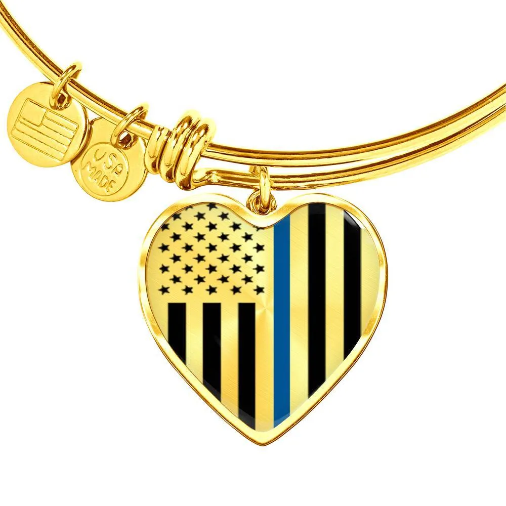 Thin Blue Line Engravable Heart Bangle - Silver or Gold